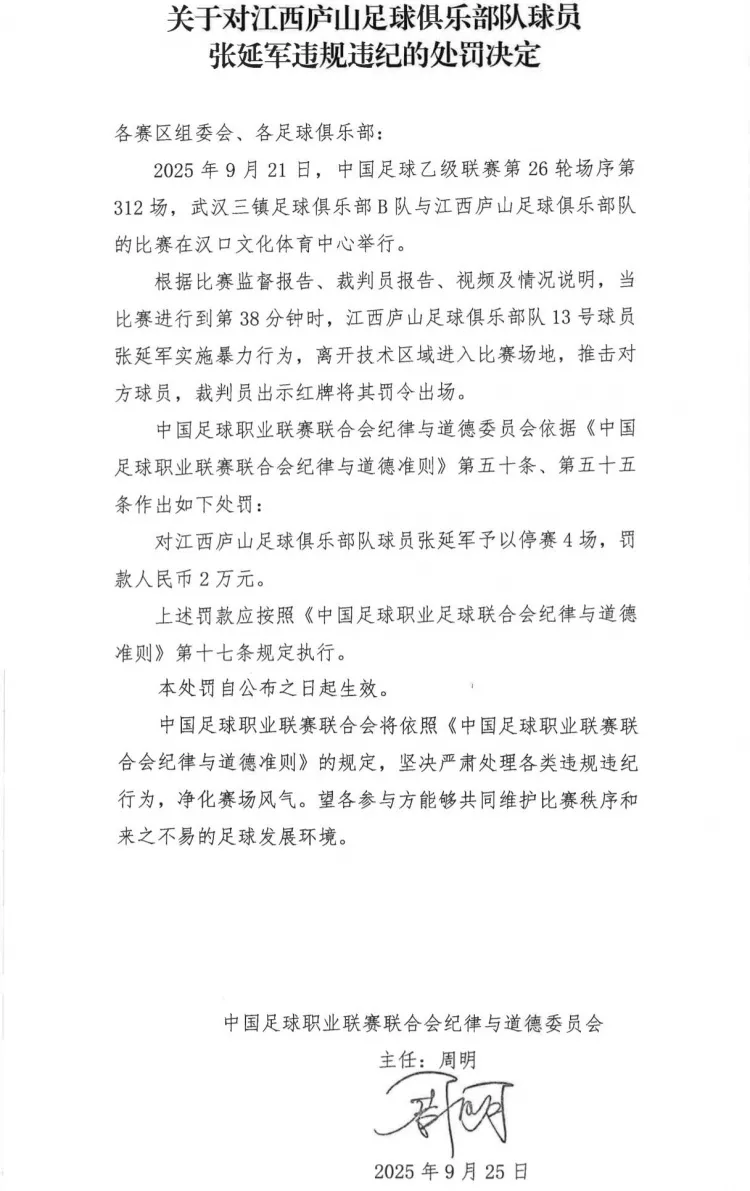 中乙赛场再现暴力行为 江西庐山张延军遭停赛4场罚款2万