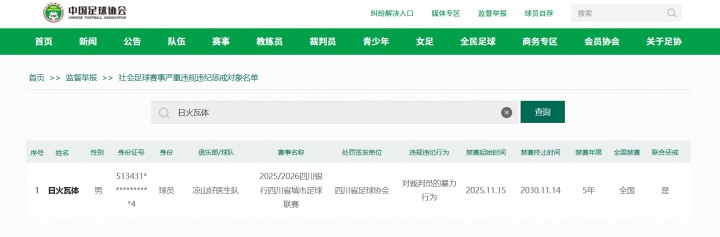 足协升级处罚 川超暴力袭裁球员遭全国禁赛五年