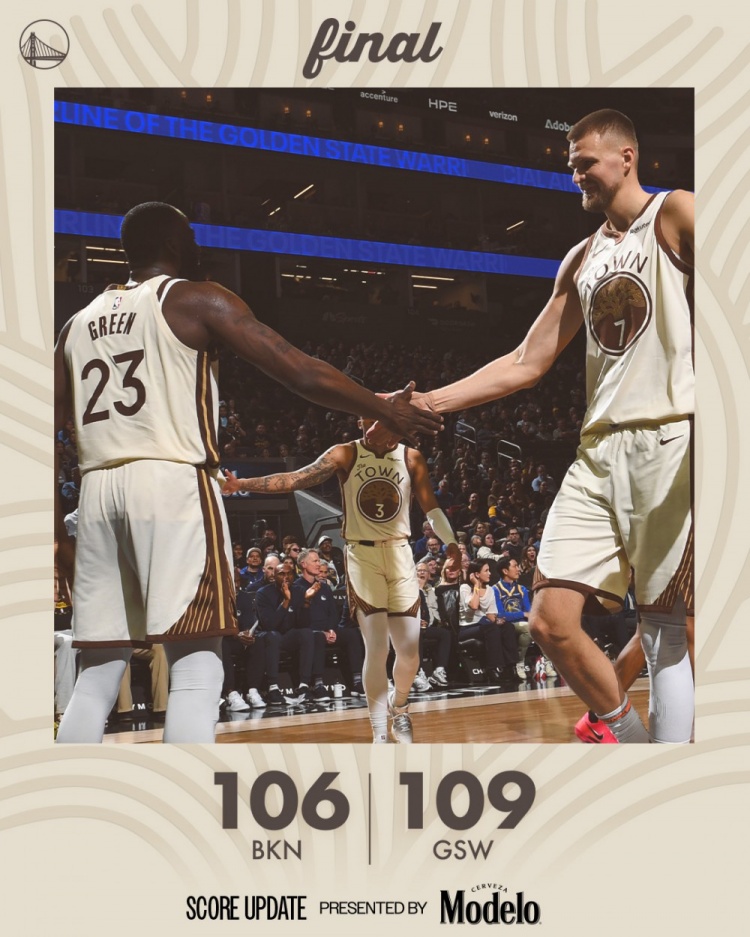 勇士险胜篮网赛后海报聚焦内线组合 波津追梦正负值并列+11