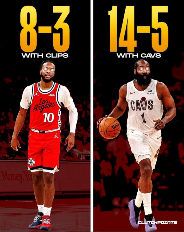 交易后战绩对比 加兰快船8胜3负 哈登骑士14胜5负