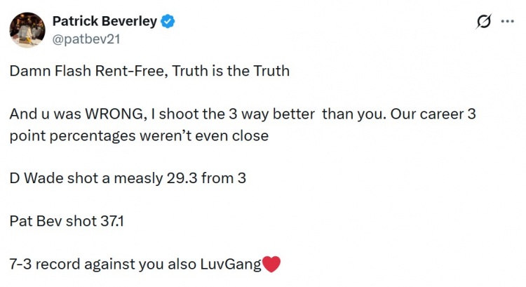 贝弗利数据回击韦德 生涯三分命中率37.1%对29.3% 交手战绩7胜3负