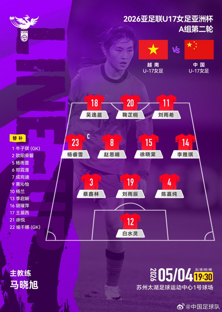 U17女足亚洲杯A组：中国对阵越南首发出炉，中场核心轮换