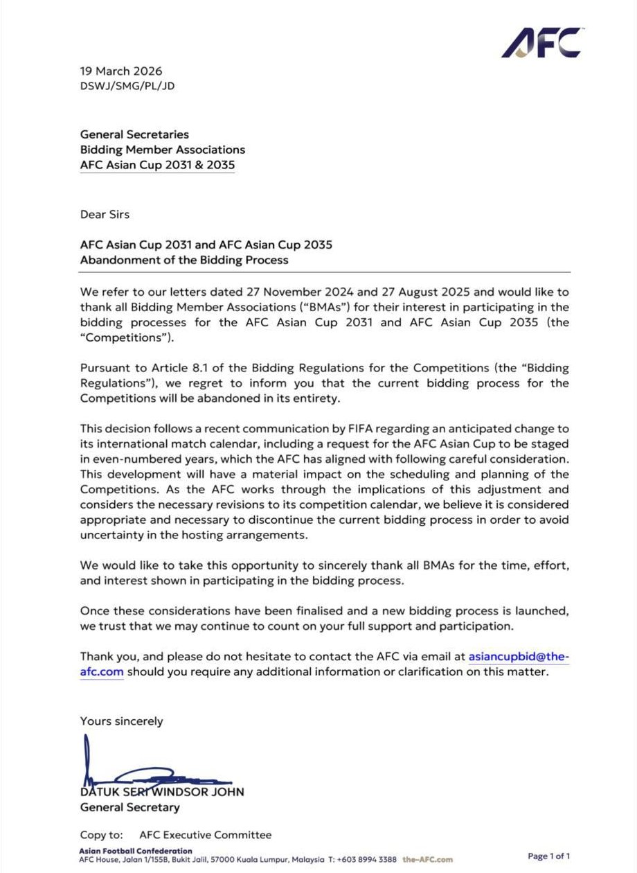 亚足联官宣终止2031及2035亚洲杯申办 配合FIFA改赛历至偶数年