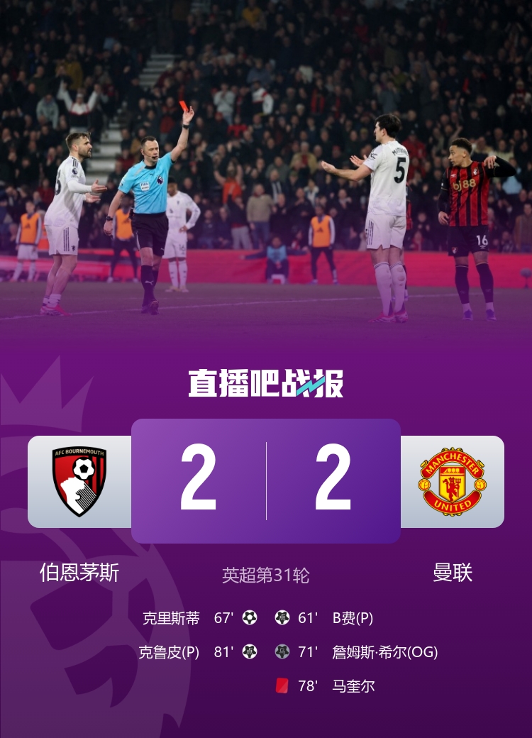 争议判罚主导梦剧场平局 曼联两度落后十人战平伯恩茅斯 争议判罚主导梦剧场平局 曼联两度落后十人战平伯恩茅斯